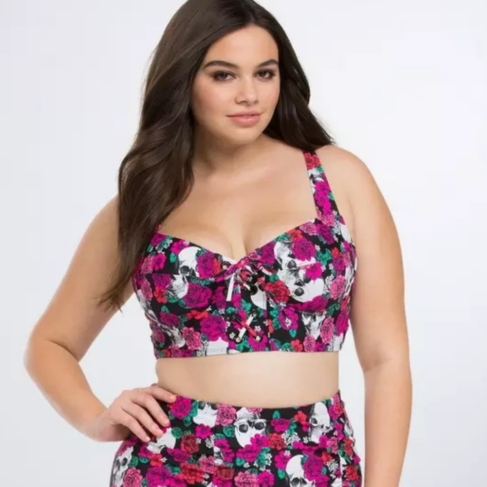 Torrid Floral Skull Lace Up Bikini Top Size 2